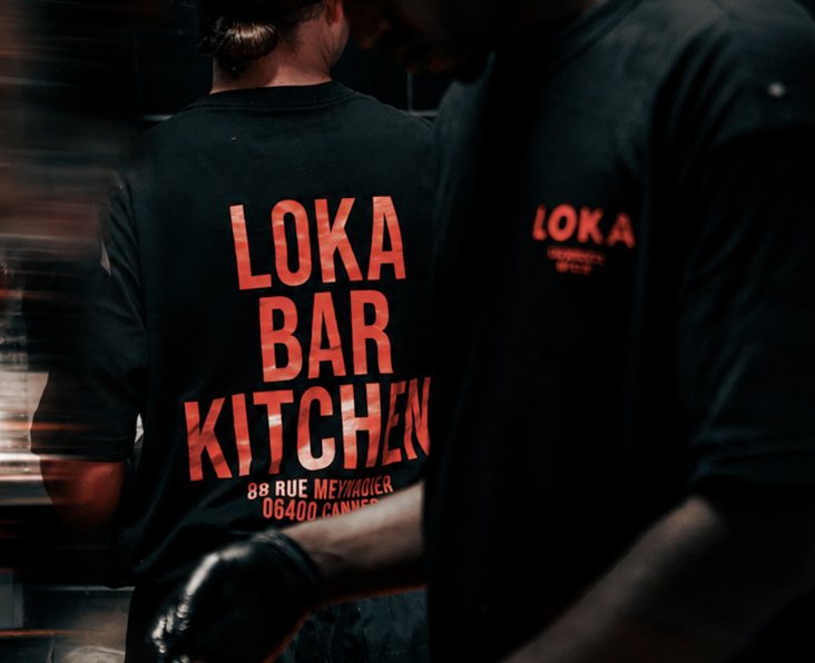 Official Loka Bar Kitchen t-shirt, black with red screen print 88 rue Meynadier Cannes